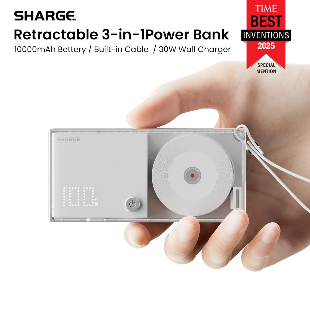 SHARGE 3-in-1 Portable Power Bank 30W USB-C Charger with USB-C Cable 10,000mAh AC Plug Max Battery Pack for iPhone 16/15 Galaxy
