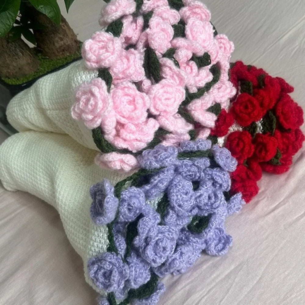 Creative Crochet Rose Bouquet Blanket Fashion Finished Rose Nap Blanket Soft Flower Hugging Blanket Valentine's Day Blanket