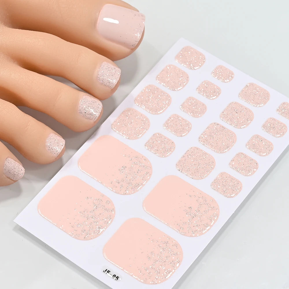 5Sheets/110Tips Summer Glitter Toe Nail Stickers Full Cover Nail Wraps Solid Color Adhesive Toenails Decals for Women DIY Foot &