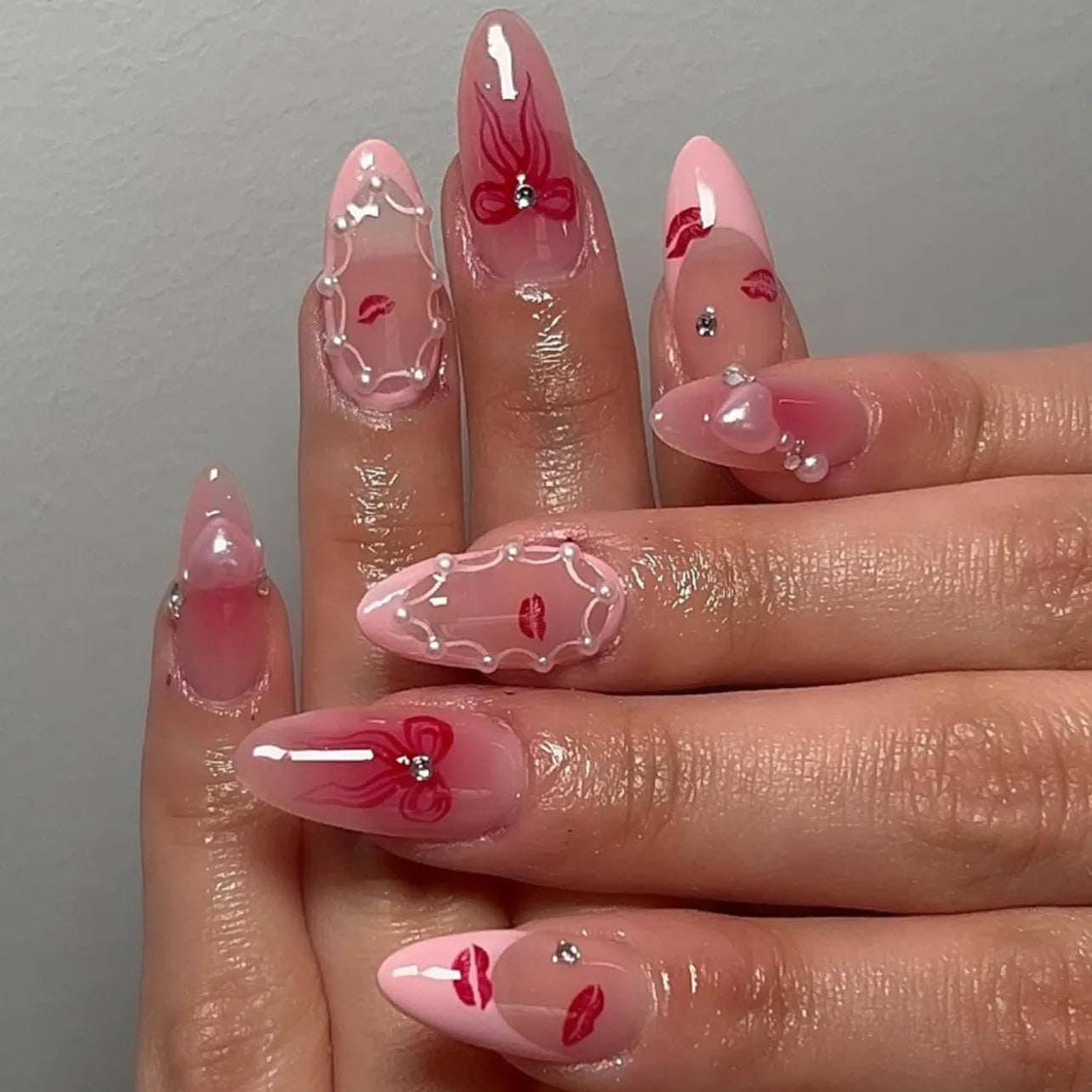 24PCS Medium Almond Press On Nails Wine Red Cute Cartoon Rabbit Bowknot Plaid Pearl False Nails Kawaii Nails Full Cover Wearable