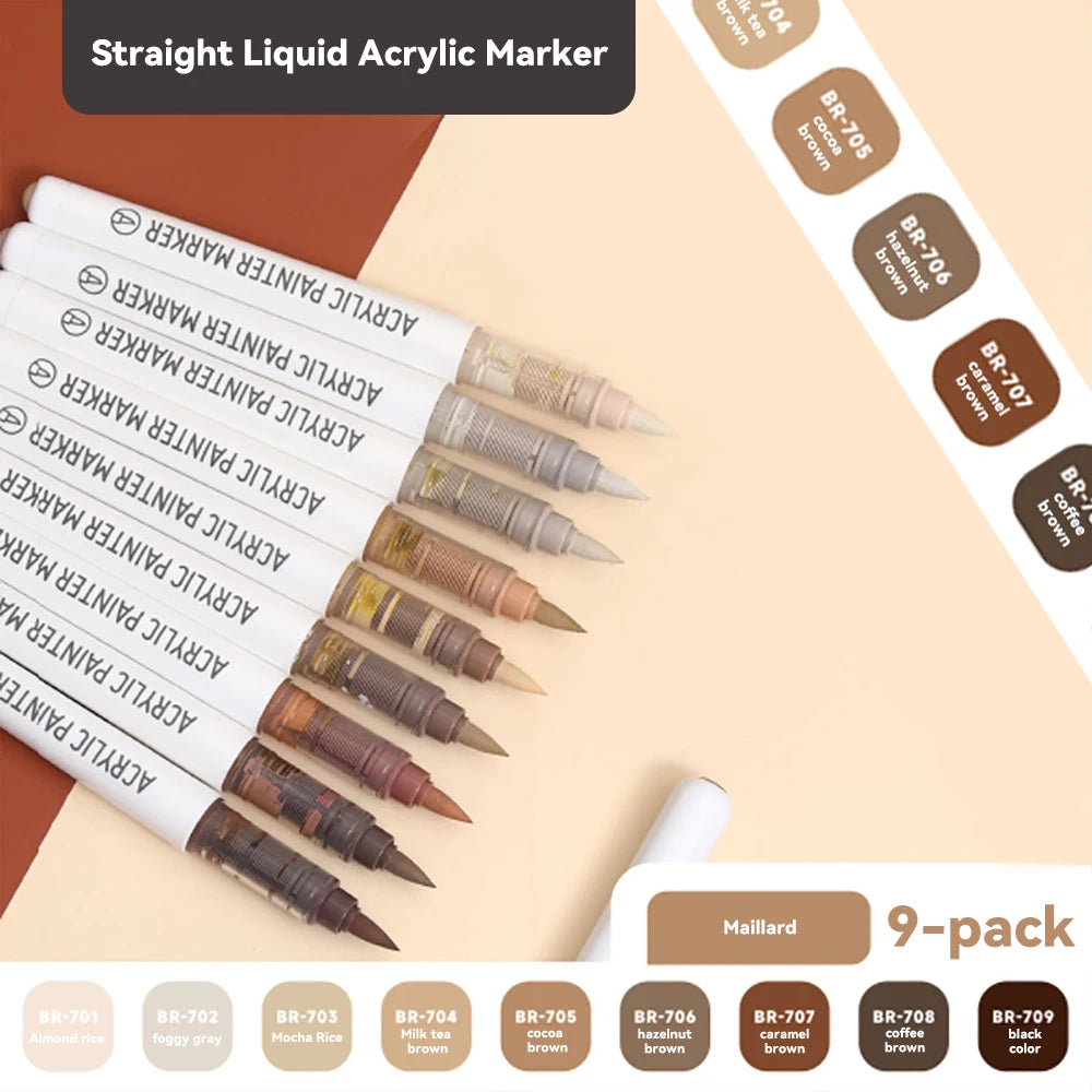 9colors/Set Acrylic Paint Pens Brush Marker Pen for Rock Painting,Ceramic,Glass,Wood,Canvas,Diy Art Supplies Drawing Stationary