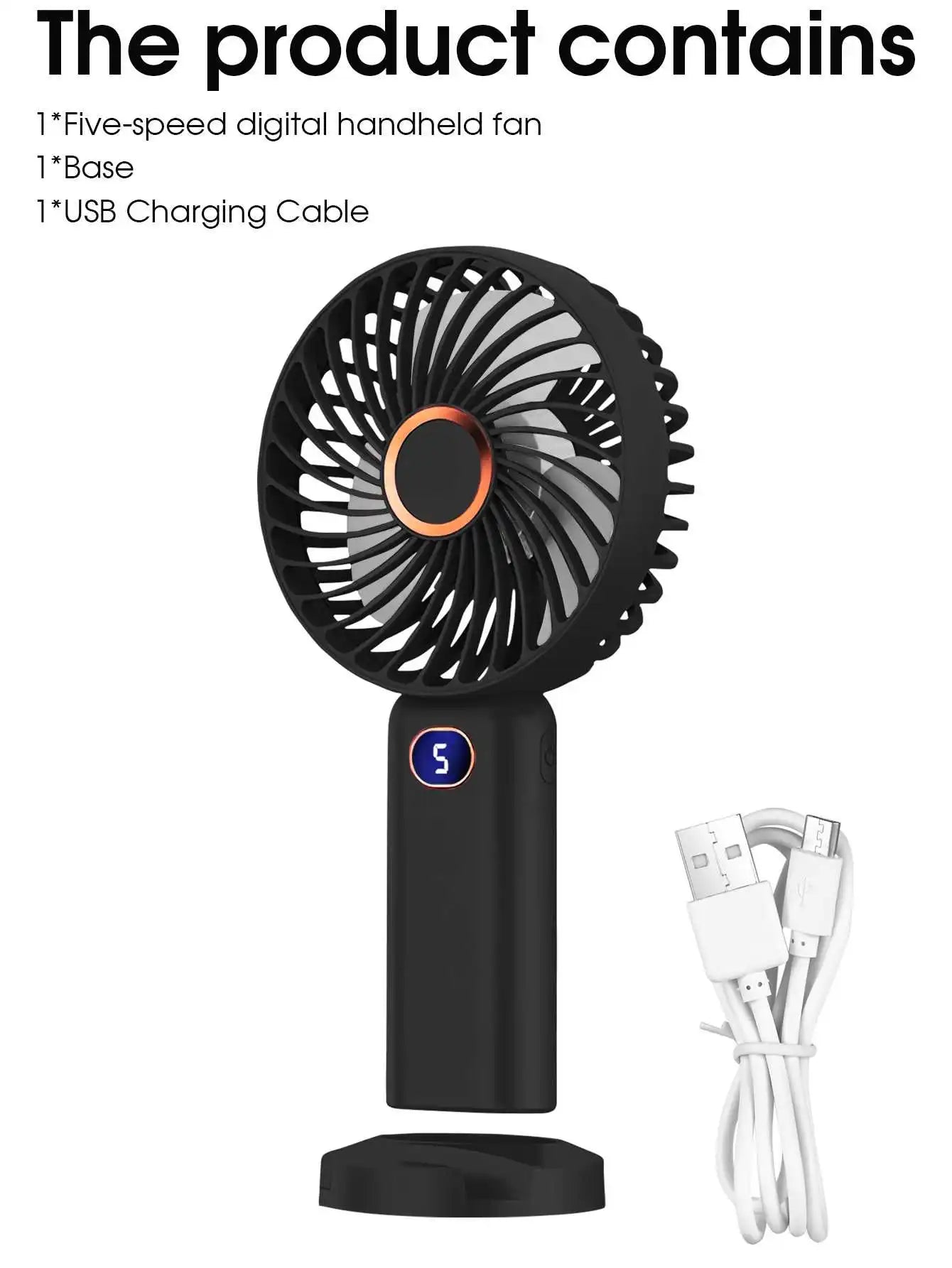 Portable Handheld Fan USB Rechargeable Mini Fan Digital Display 5-Speed Adjustment Suitable For Travel Outdoor Office Home