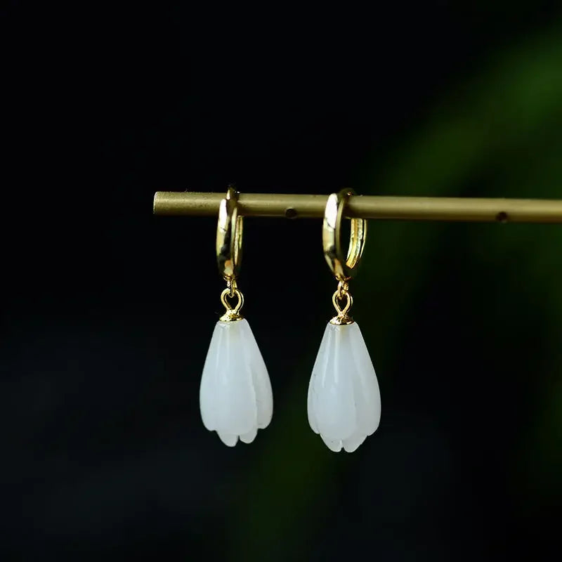 White Jade Magnolia Earrings Gemstone Zircon Natural Women Crystal Charm Chalcedony Gifts Amulet Lucky Jewelry Fashion
