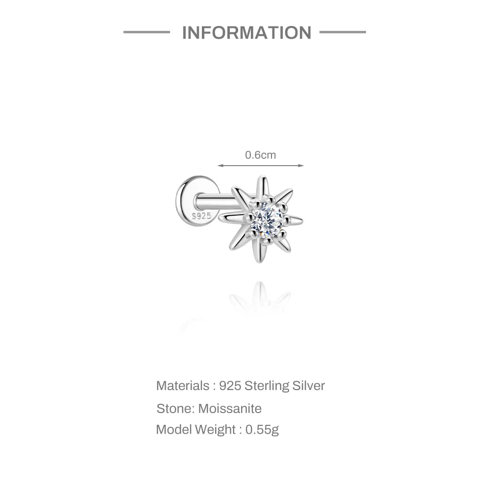 CANNER 1PC Moissanite Spherical Vertical Eight-pointed Star Piercing Earrings 925 Sterling Silver Jewelry Valentine's Day Gift