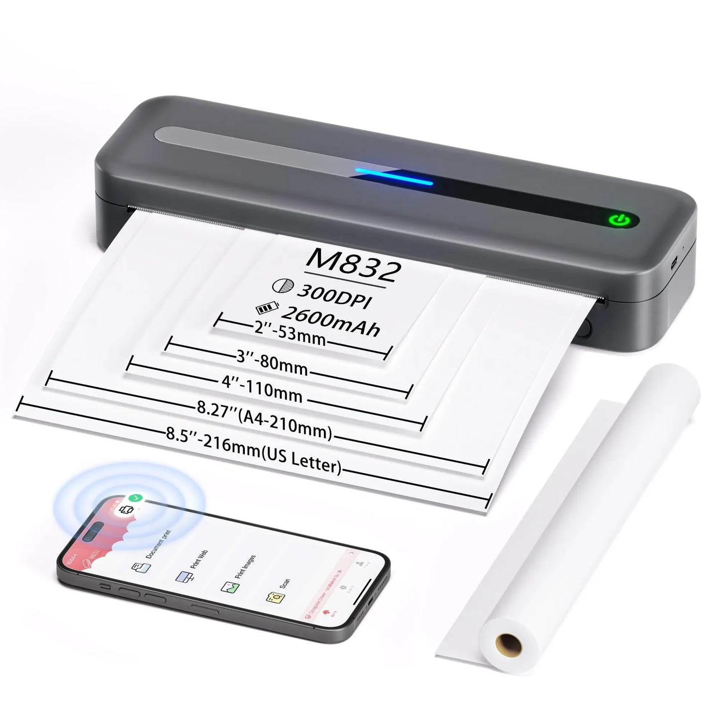 New A4 Portable Printer Wireless M832 for Travel Work Home Inkless Thermal 300DPI US-letter Mobile Printer Support Android iOS