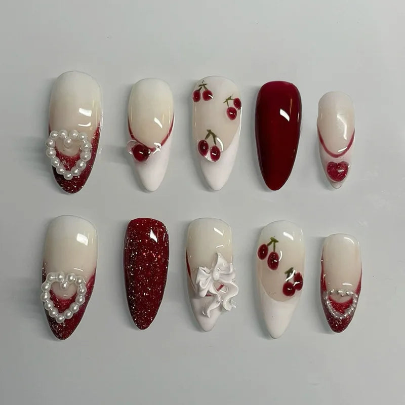 24PCS Medium Almond Press On Nails Wine Red Cute Cartoon Rabbit Bowknot Plaid Pearl False Nails Kawaii Nails Full Cover Wearable
