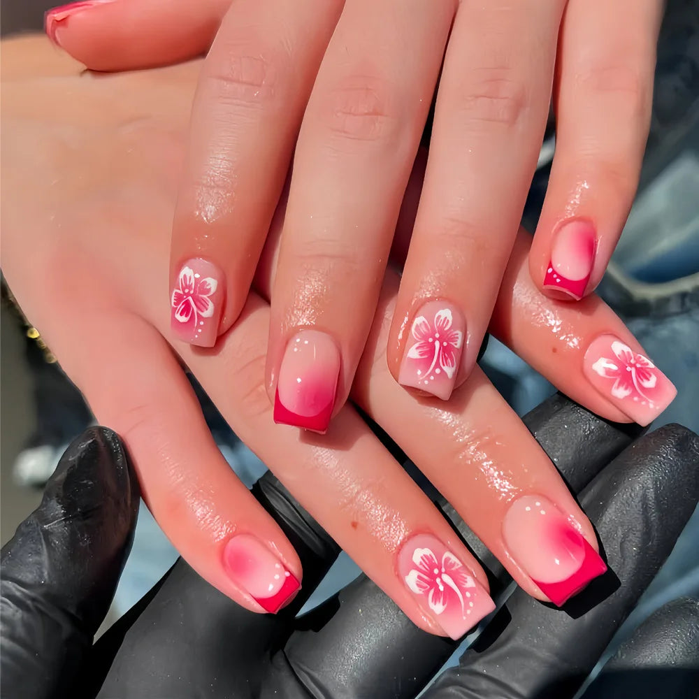 24Pcs Fairy White Flower Fake Nails Pink French Tip Press on Nails Short Square Wearable False Nail for Women Girls DIY Manicure