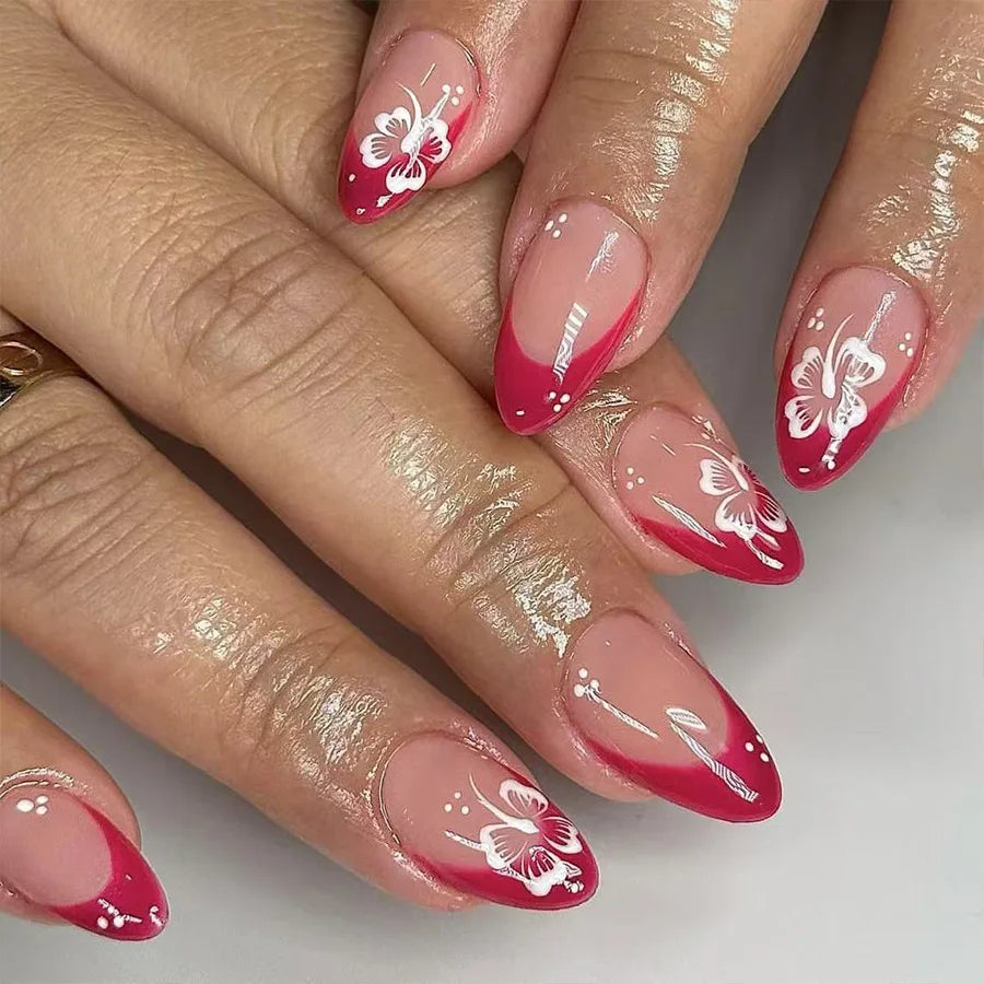 24Pcs Fairy White Flower Fake Nails Pink French Tip Press on Nails Short Square Wearable False Nail for Women Girls DIY Manicure