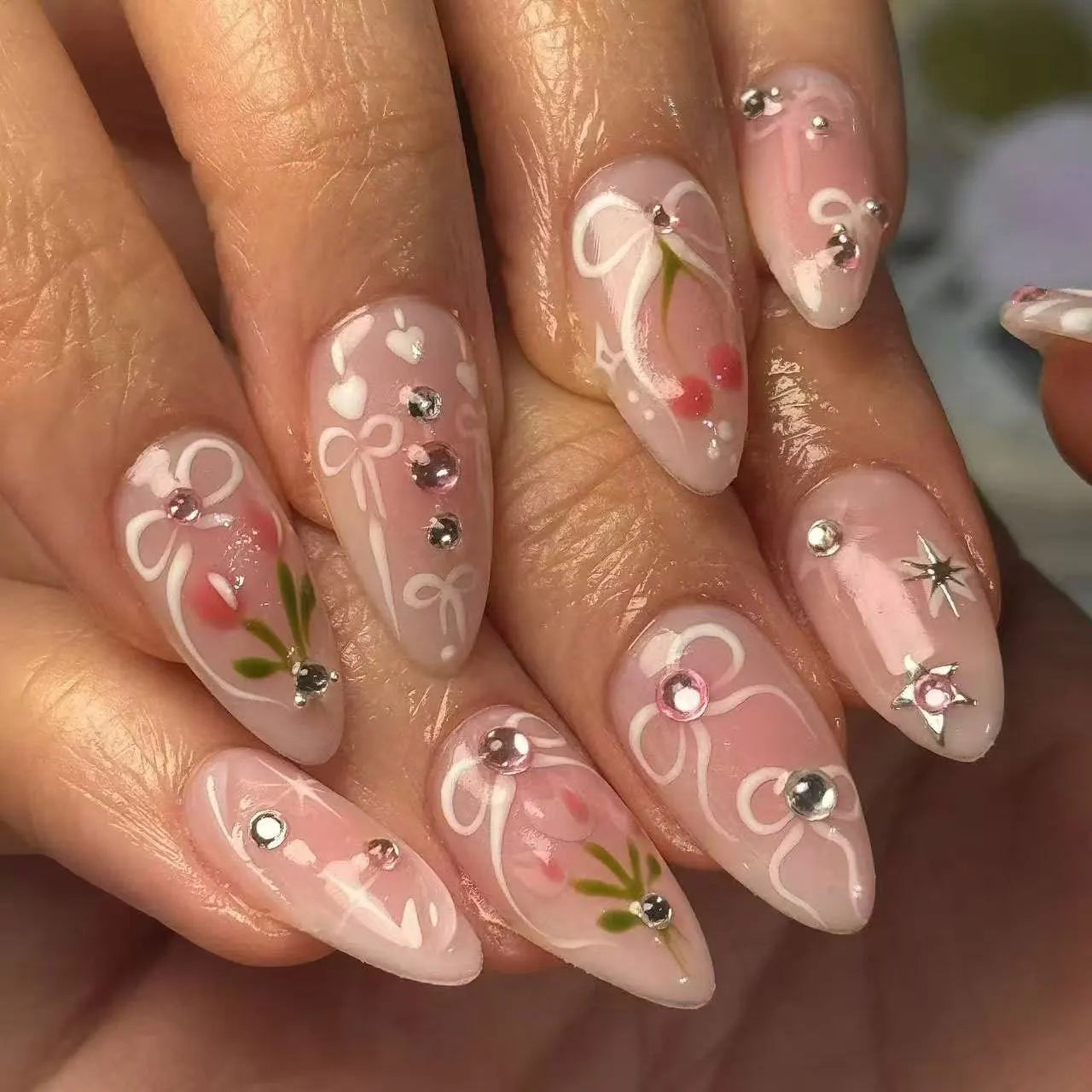 24PCS Medium Almond Press On Nails Wine Red Cute Cartoon Rabbit Bowknot Plaid Pearl False Nails Kawaii Nails Full Cover Wearable