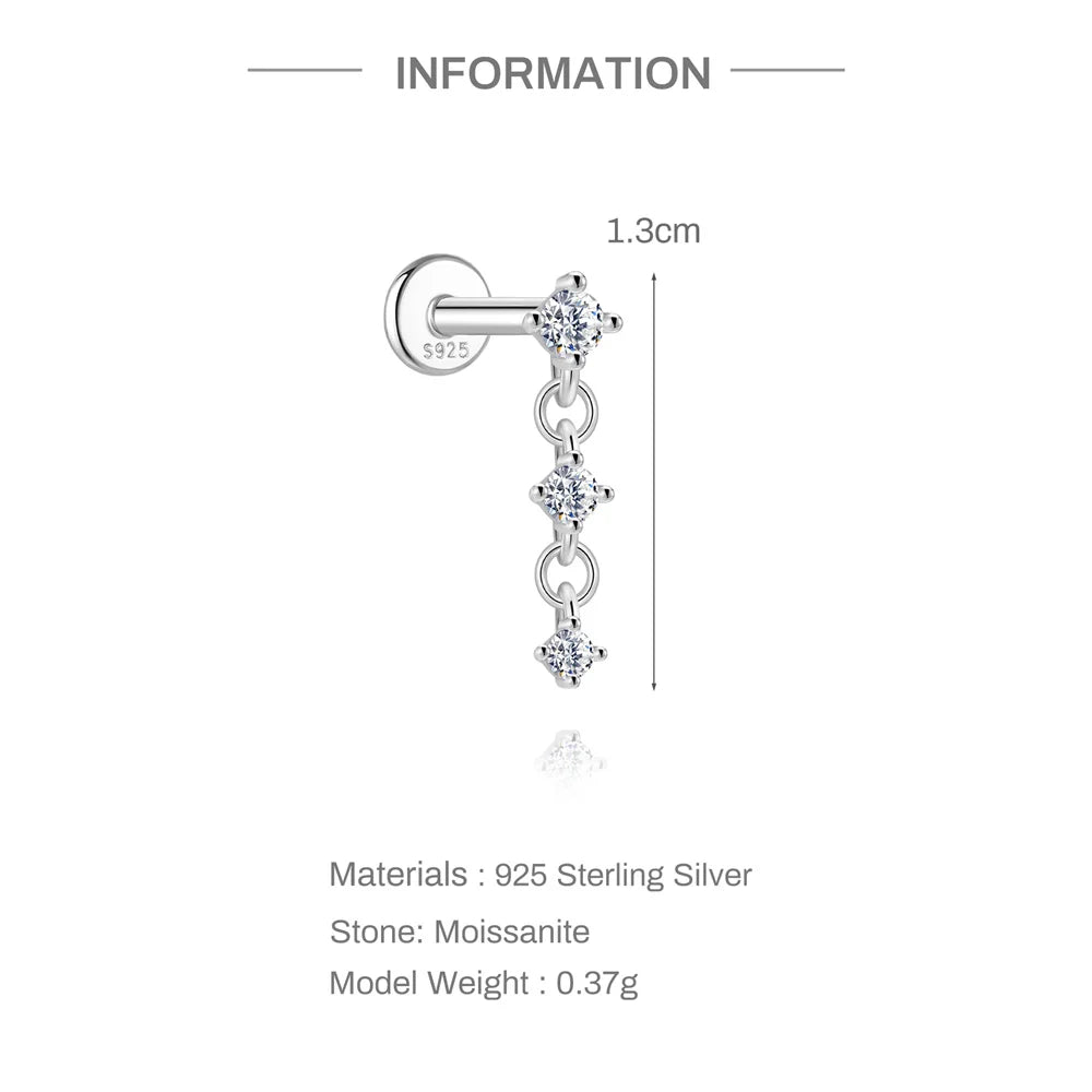 CANNER 1PC Moissanite Spherical Vertical Eight-pointed Star Piercing Earrings 925 Sterling Silver Jewelry Valentine's Day Gift
