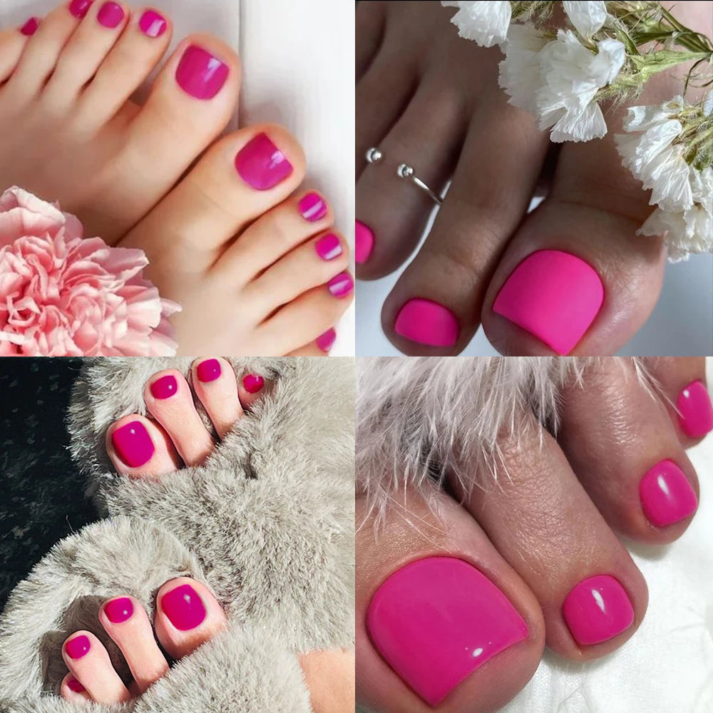 100Pcs Fake Toenail Natural Press On Toe Foot Rose Red Full Cover Square Nails Art Tips Artificial Acrylic Glossy False Toe Tips
