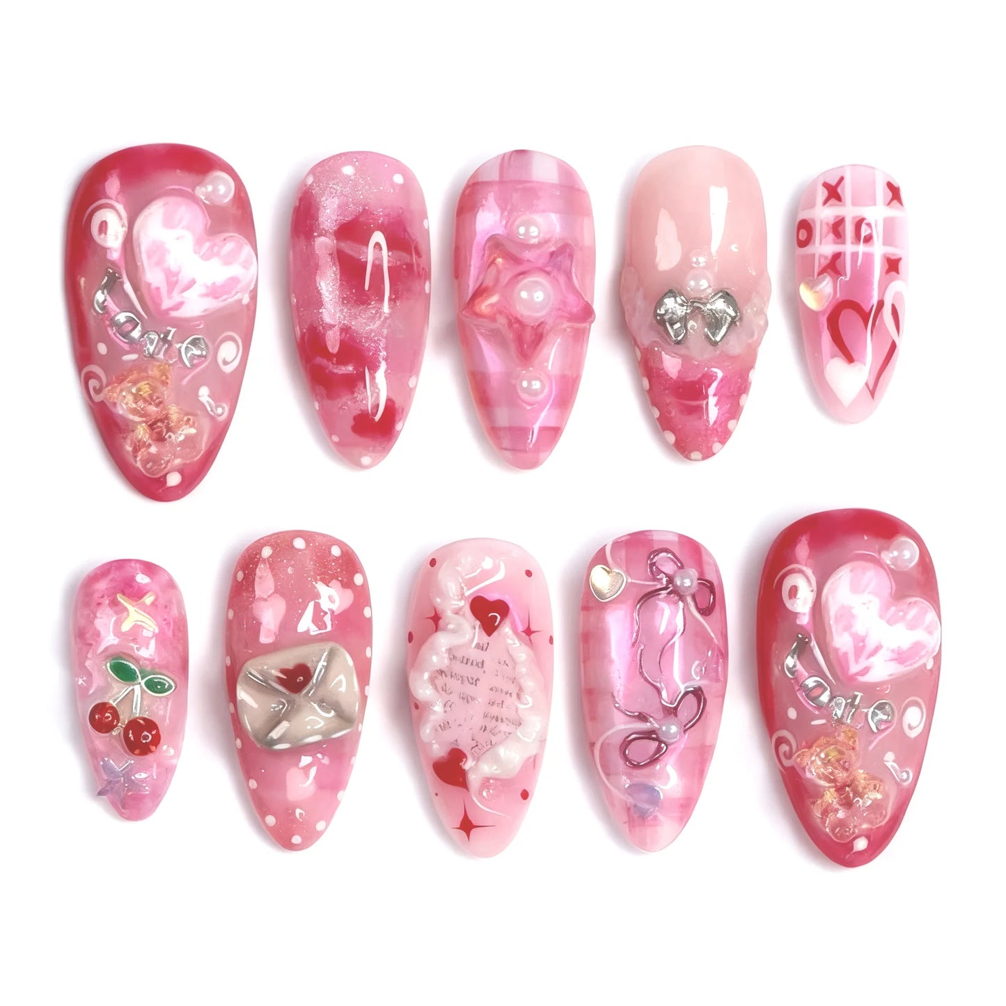 24PCS Medium Almond Press On Nails Wine Red Cute Cartoon Rabbit Bowknot Plaid Pearl False Nails Kawaii Nails Full Cover Wearable