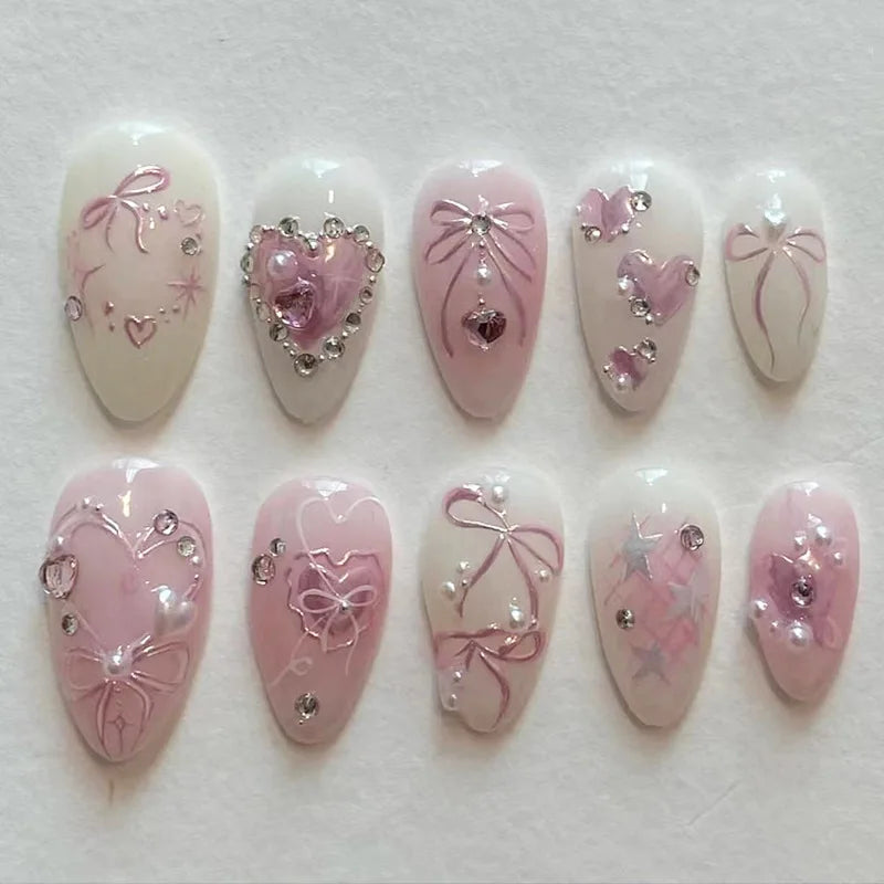 24PCS Medium Almond Press On Nails Wine Red Cute Cartoon Rabbit Bowknot Plaid Pearl False Nails Kawaii Nails Full Cover Wearable
