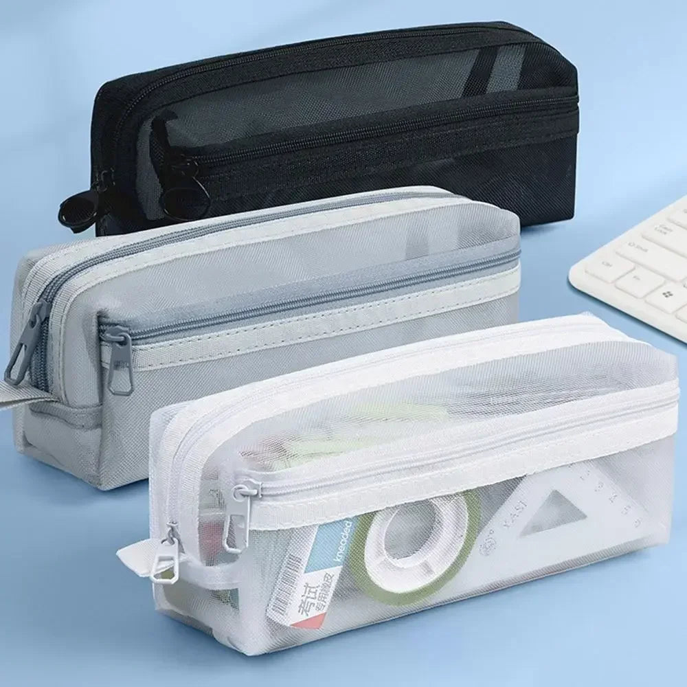 Double Layer Mesh Pen Bag Large Capacity Transparent Stationery Storage Bag Multifunctional Zipper Exam Supplies Organizer