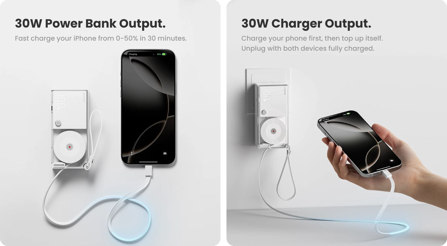 SHARGE 3-in-1 Portable Power Bank 30W USB-C Charger with USB-C Cable 10,000mAh AC Plug Max Battery Pack for iPhone 16/15 Galaxy