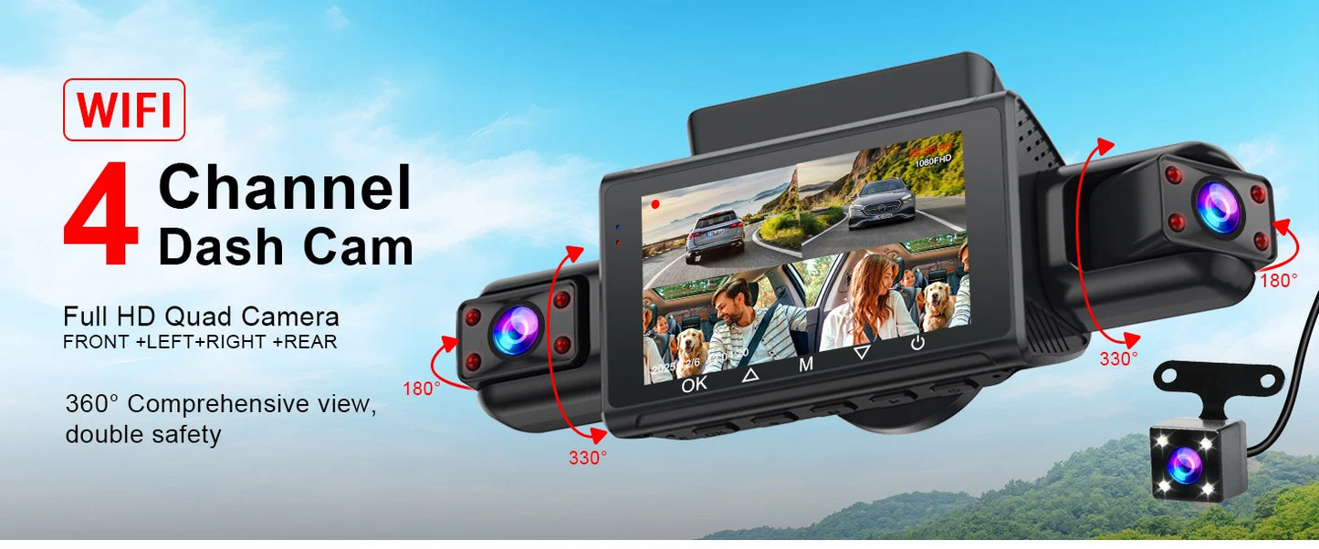  Dashcam for cars 4 Channel Black Box WiFi Driving Camera FHD 1080P Night Vision Loop Recording 24H Parking Mode car accessorie