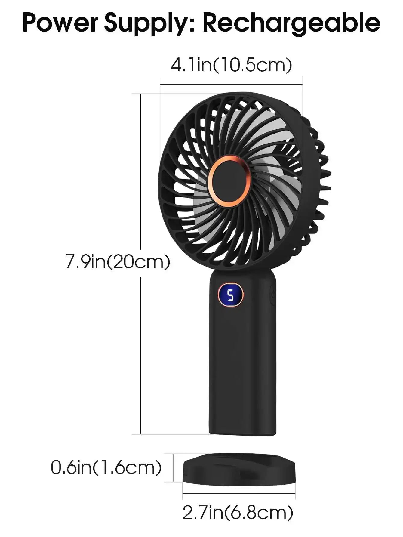 Portable Handheld Fan USB Rechargeable Mini Fan Digital Display 5-Speed Adjustment Suitable For Travel Outdoor Office Home
