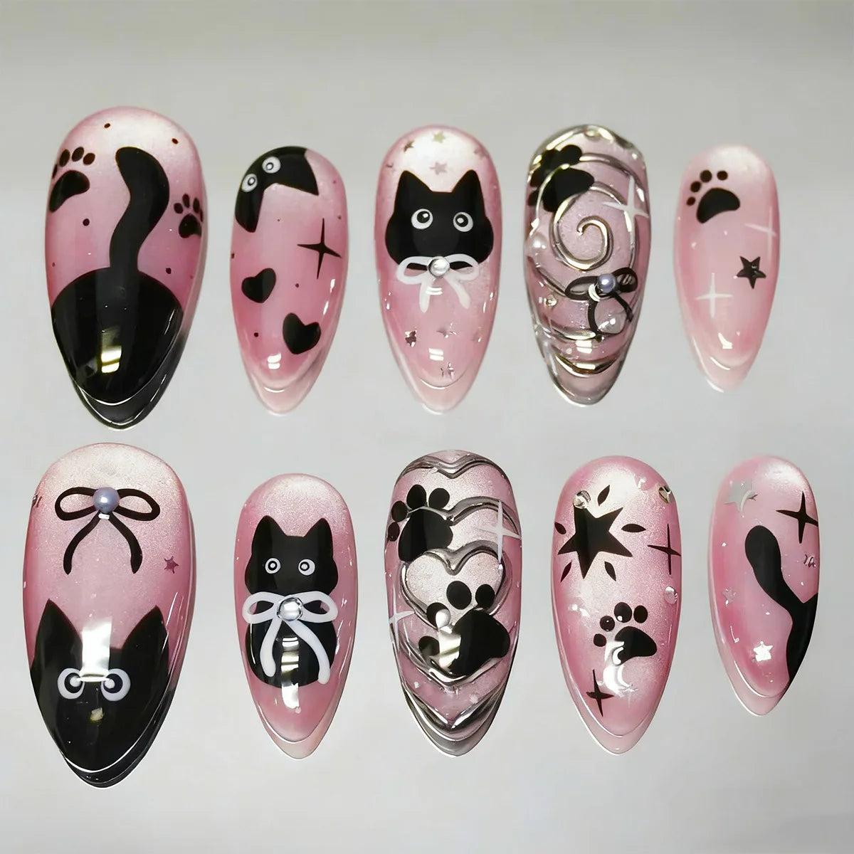 24PCS Medium Almond Press On Nails Wine Red Cute Cartoon Rabbit Bowknot Plaid Pearl False Nails Kawaii Nails Full Cover Wearable