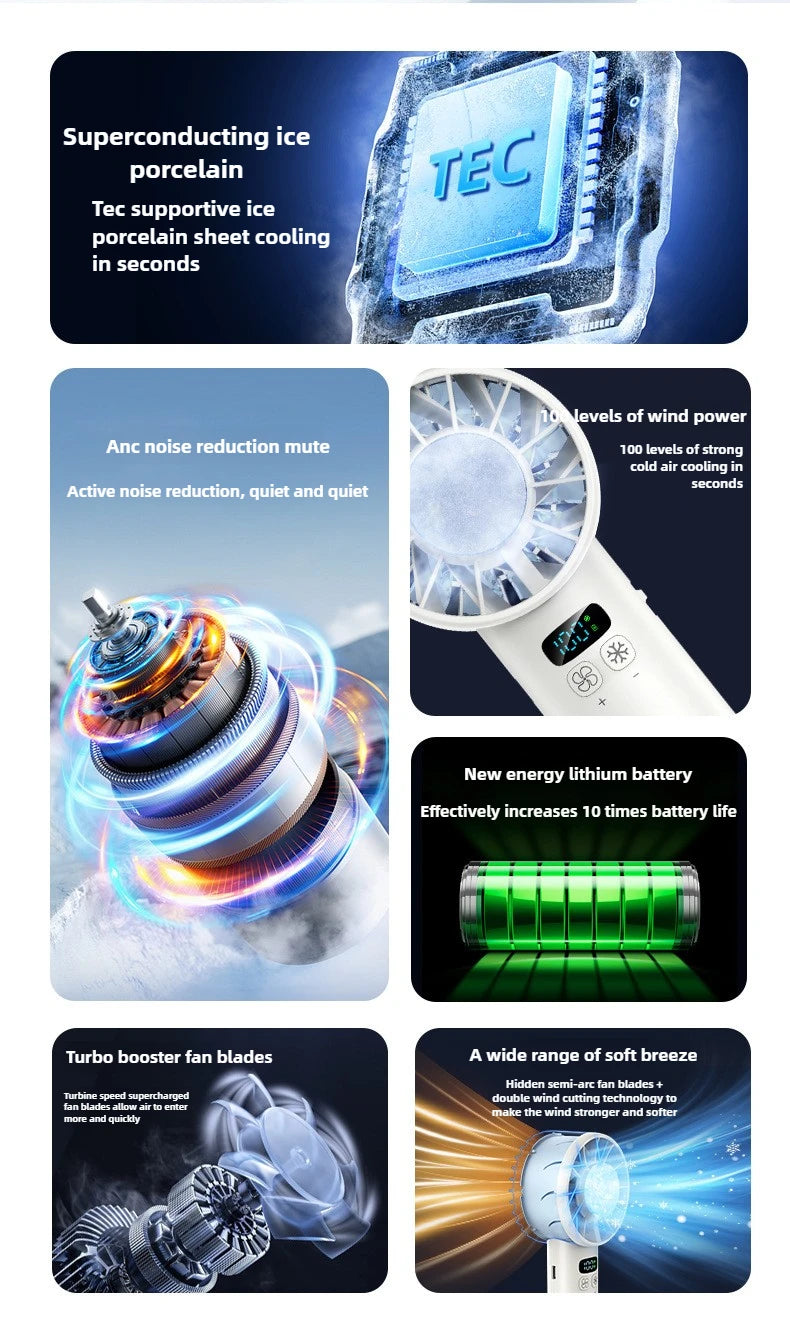Ice compress high-speed cooling fan handheld fans USB Rechargeable portable mini fan Folding style for Travel,Camping,Outdoor