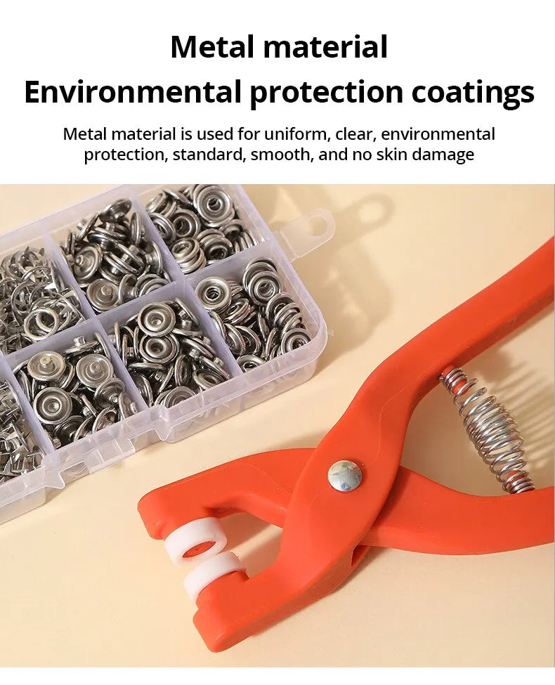 Snap Button Kit,Sets Metal Snap Buttons with Fastener Pliers Press Tool and Box, Rust Proof DIY Press Studs Button Fix Tool