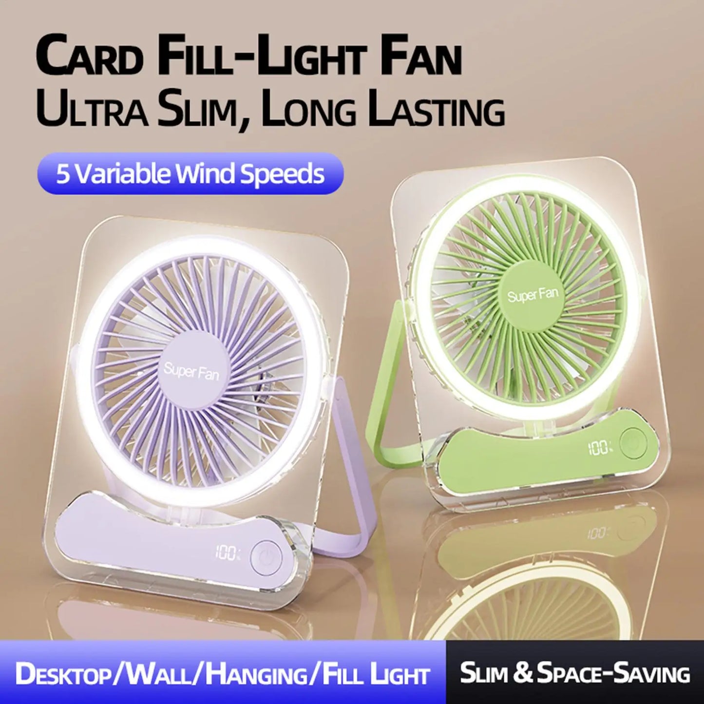 Travel Fan For Sleeping Long Lasting 5 Speeds Foldable LED Lights Device Portable Fan USB Rechargeable For Home Office Bedroom