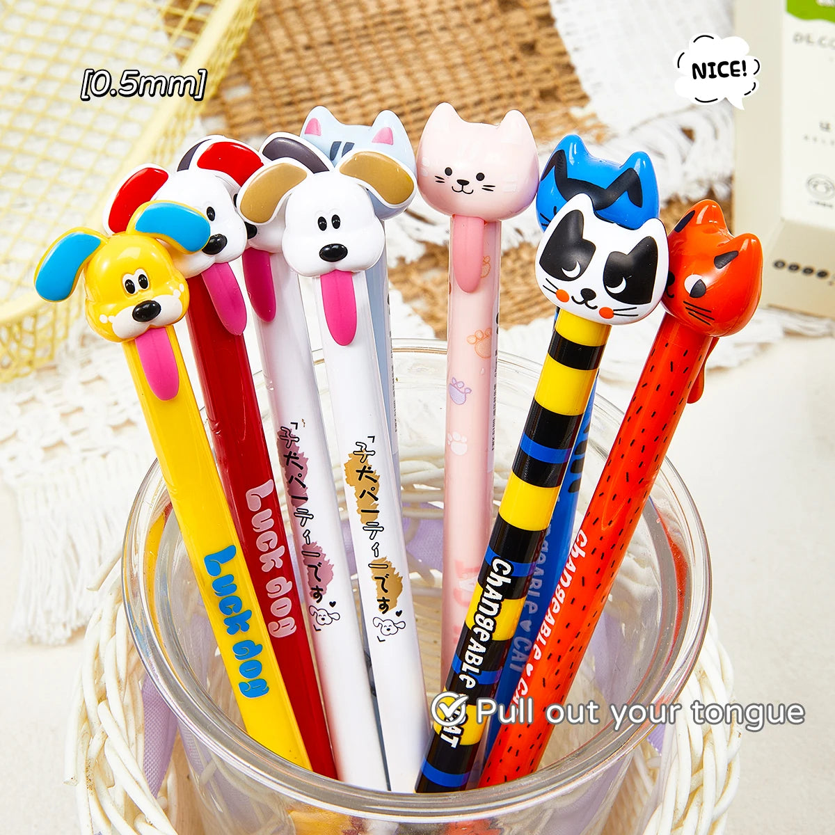 4-Piece Animal Dog-Themed Gel Pen, 0.5mm Fine Tip, Black Ink, Fun Tongue-Over Design.