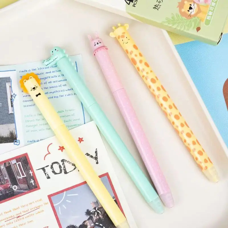4Pcs Zoo Animal Theme Erasable Pens Blue Ink Gen Pen Quick-dry Smooth Writing Pen with Built-in Eraser Back-to-School Supplies