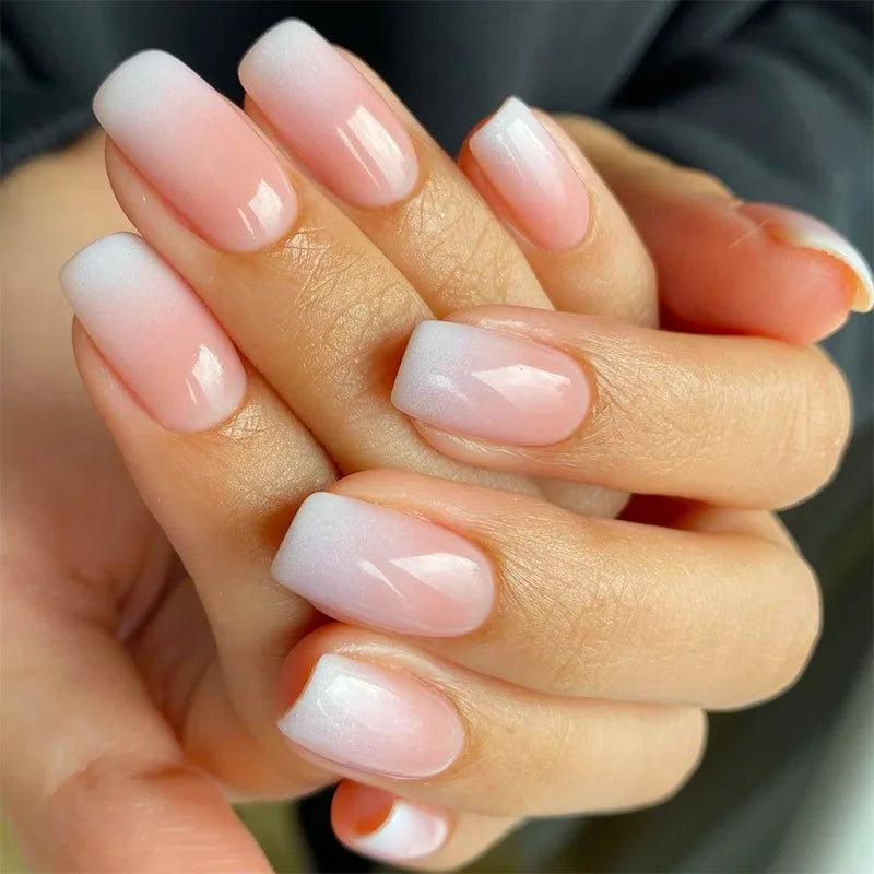 Simple White French Wearable Long Square Fake Nails Full Cover Detachable Finished False Nails Press on Nail with Glue Wholesale
