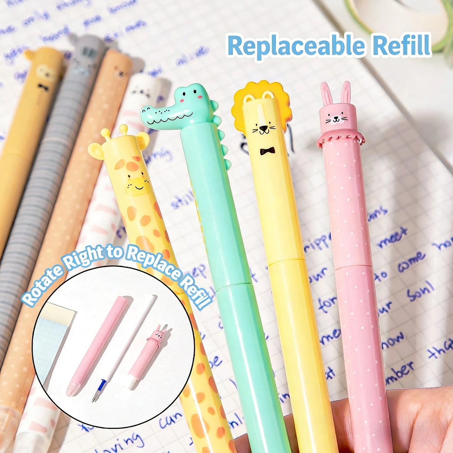 4Pcs Zoo Animal Theme Erasable Pens Blue Ink Gen Pen Quick-dry Smooth Writing Pen with Built-in Eraser Back-to-School Supplies