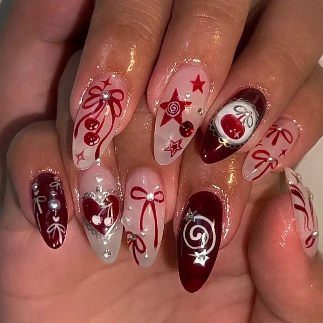 24PCS Medium Almond Press On Nails Wine Red Cute Cartoon Rabbit Bowknot Plaid Pearl False Nails Kawaii Nails Full Cover Wearable