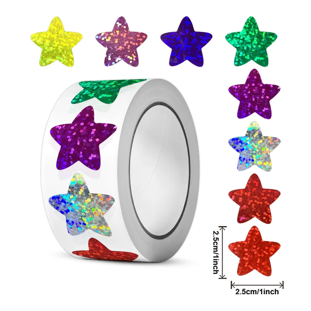 500/1000pcs Colorful Star Adhesive Holographic Star Stickers Zoo Farm Scrapbook Sticker Roll Labels  For Kids DIY Gift Toys