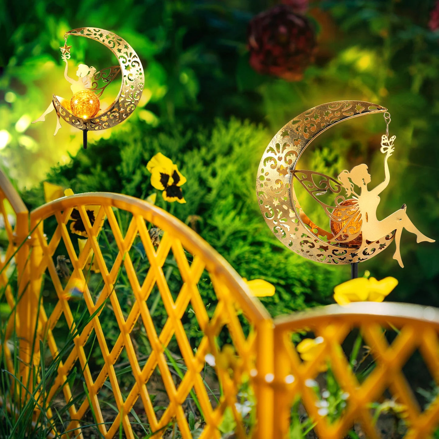 Solar Garden Lights Moon Fairy Crackle Glass Stake Lights Waterproof Warm White LED Metal Decorative Lights Outdoor Pathway