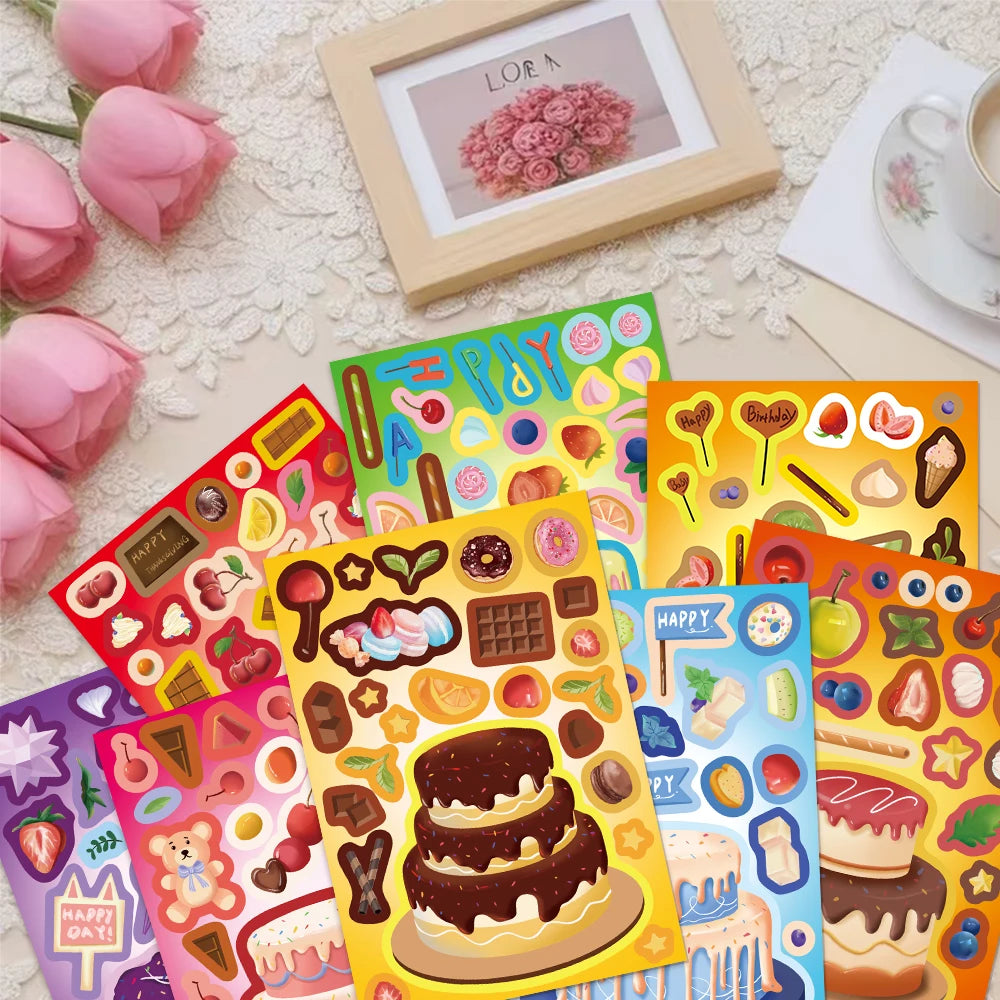 8PCS Creative New Cake Wishes Come True Puzzle Stickers Assembly Puzzle DIY Cartoon Stickers Puzzle 2026 Stationery Food Sticker