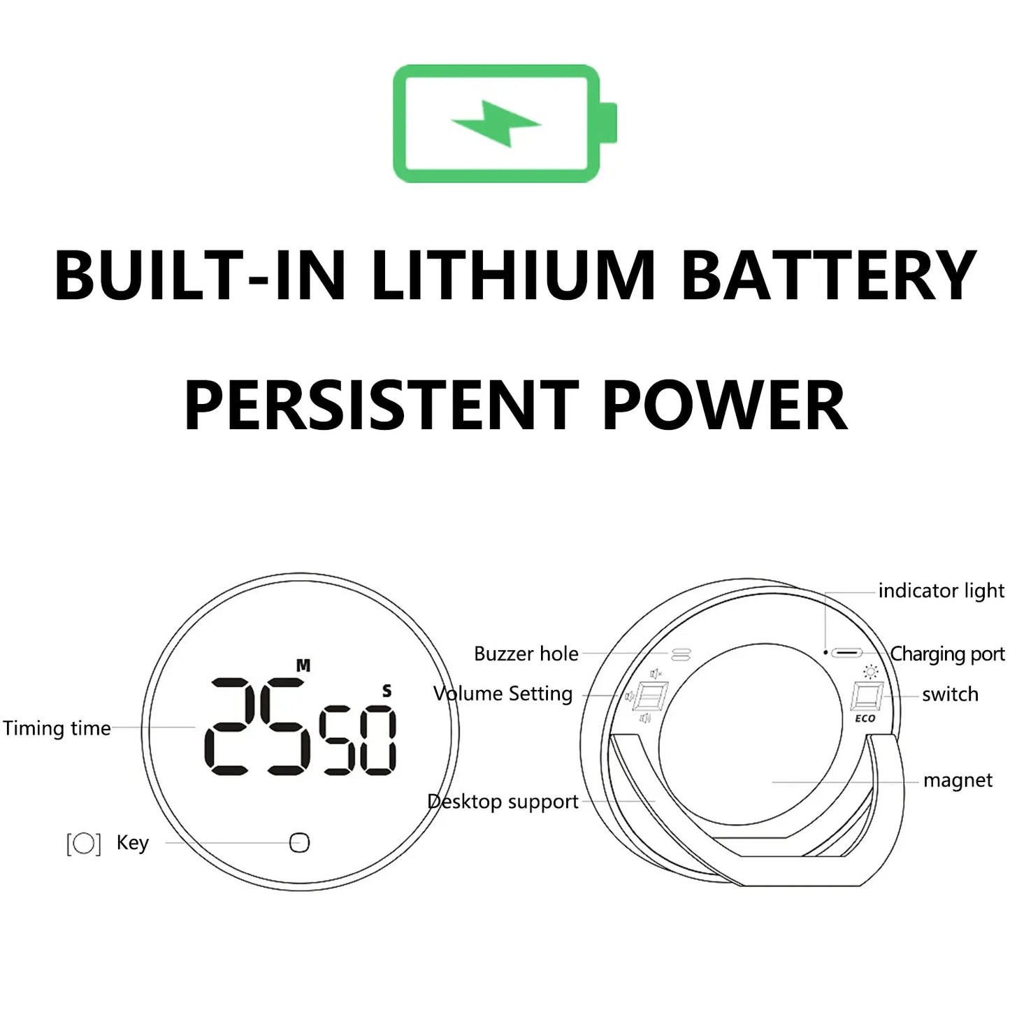 LED Digital Rotary Timer USB Rechargeable Magnetic Baking Countdown Reminder 3-Level Volume Back Bracket Design Kitchen Gadgets