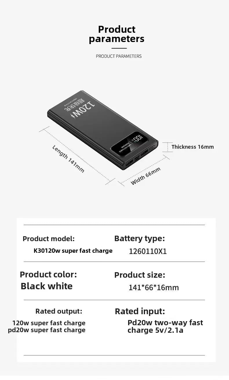 BCAK New 120W Super Fast Charging Power Bank | 20000mAh Large Capacity Portable Mobile Power Supply