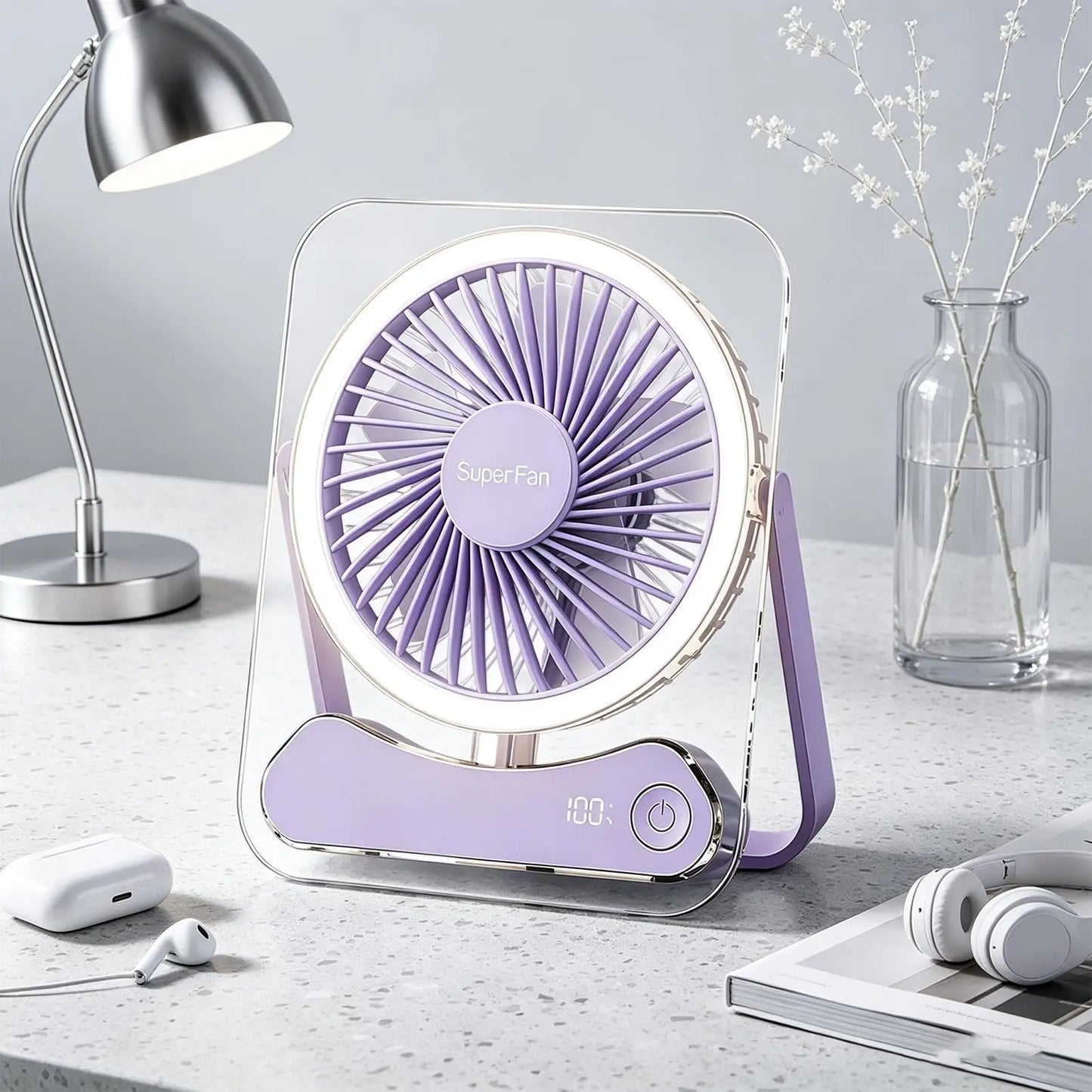 Travel Fan For Sleeping Long Lasting 5 Speeds Foldable LED Lights Device Portable Fan USB Rechargeable For Home Office Bedroom