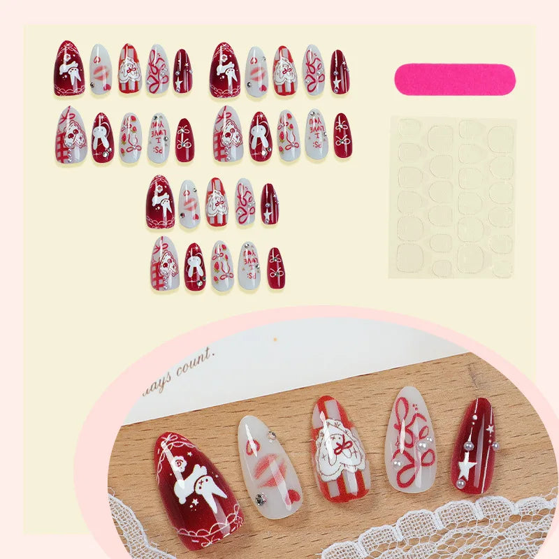 24PCS Medium Almond Press On Nails Wine Red Cute Cartoon Rabbit Bowknot Plaid Pearl False Nails Kawaii Nails Full Cover Wearable