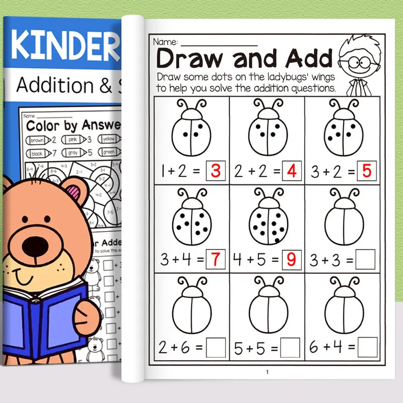 32-Page Interactive Math Learning Workbook with Addition & Subtraction Worksheets, Crossword Puzzles, Colorful Math Activities