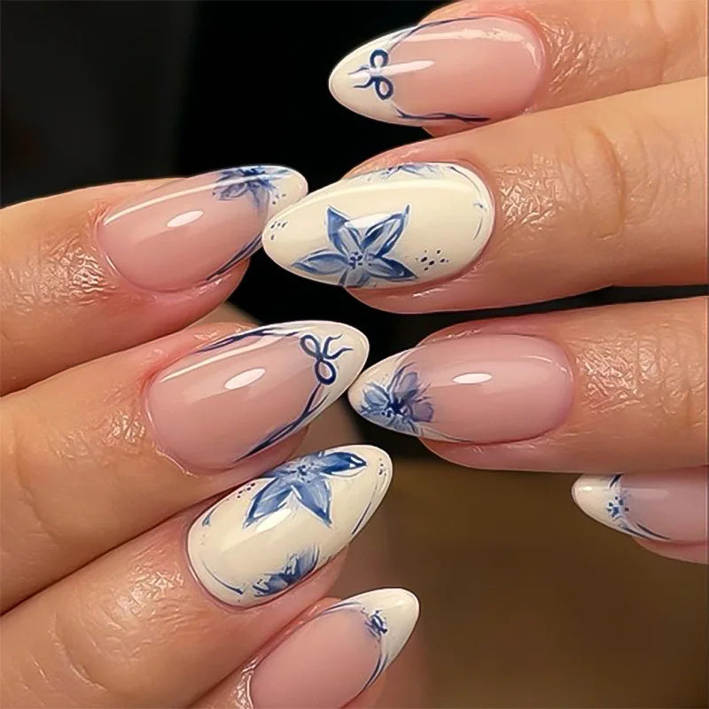 24PCS Medium Almond Press On Nails Wine Red Cute Cartoon Rabbit Bowknot Plaid Pearl False Nails Kawaii Nails Full Cover Wearable