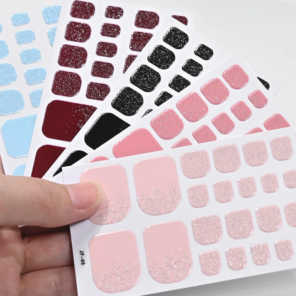 5Sheets/110Tips Summer Glitter Toe Nail Stickers Full Cover Nail Wraps Solid Color Adhesive Toenails Decals for Women DIY Foot &