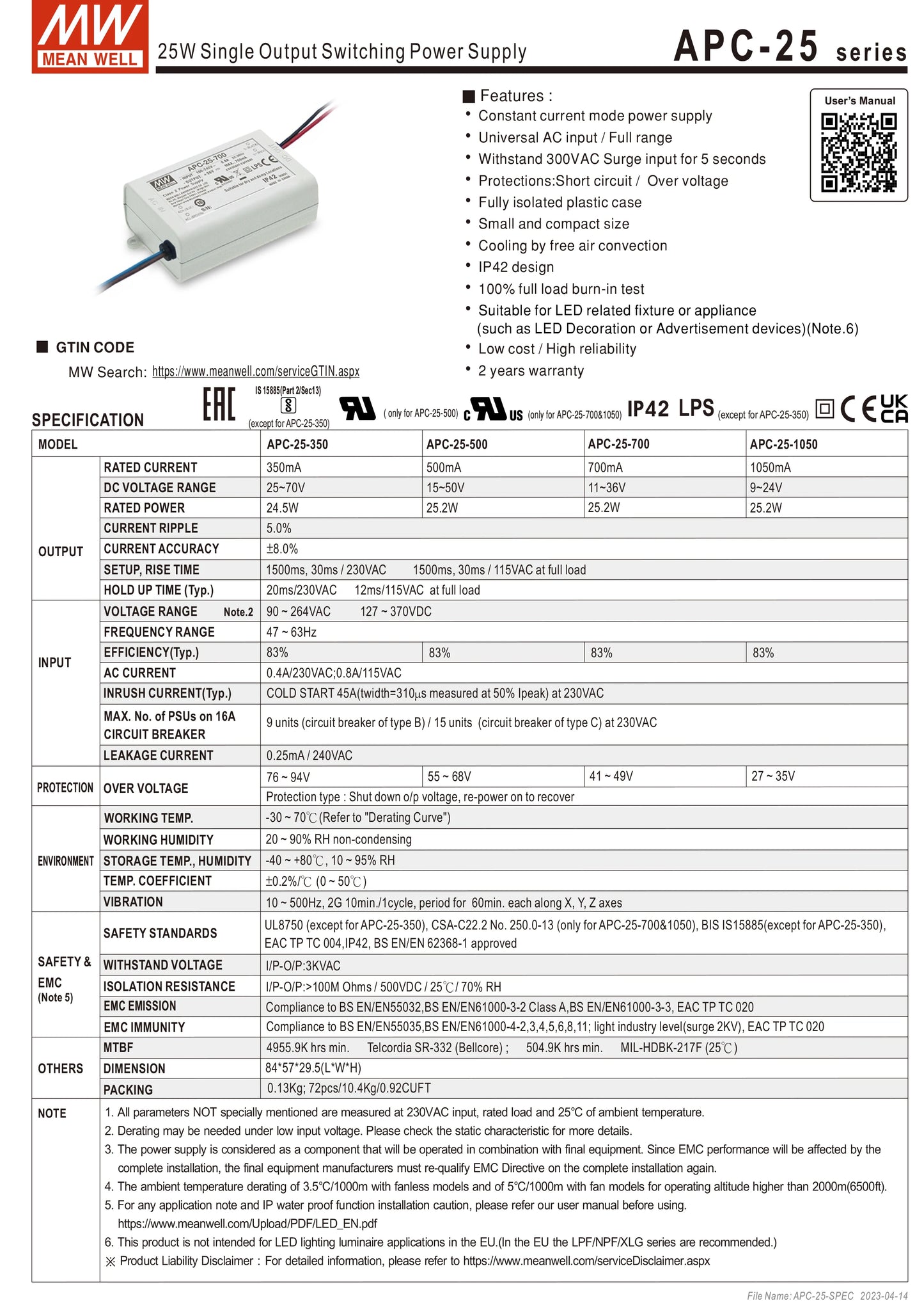 Mean Well APC-8/12/16/25/35-250/350/500/700/1050mA Meanwell Indoor LED lighting SMPS LED Constant Current Switching Power Supply
