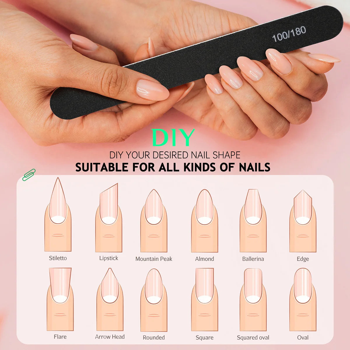 100/180 Grit Nail File Nail Buffer, Emery Boards for Nails, Nails Buffer and Shine Kit, for Poly Nails Extension Gel