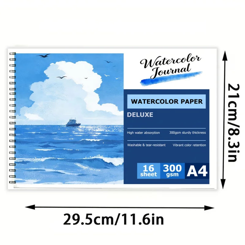 16 Sheets A4 Spiral-bound Watercolor Pad, 300gsm Rough Texture Acid-Free Paper for Artists & Hobbyists