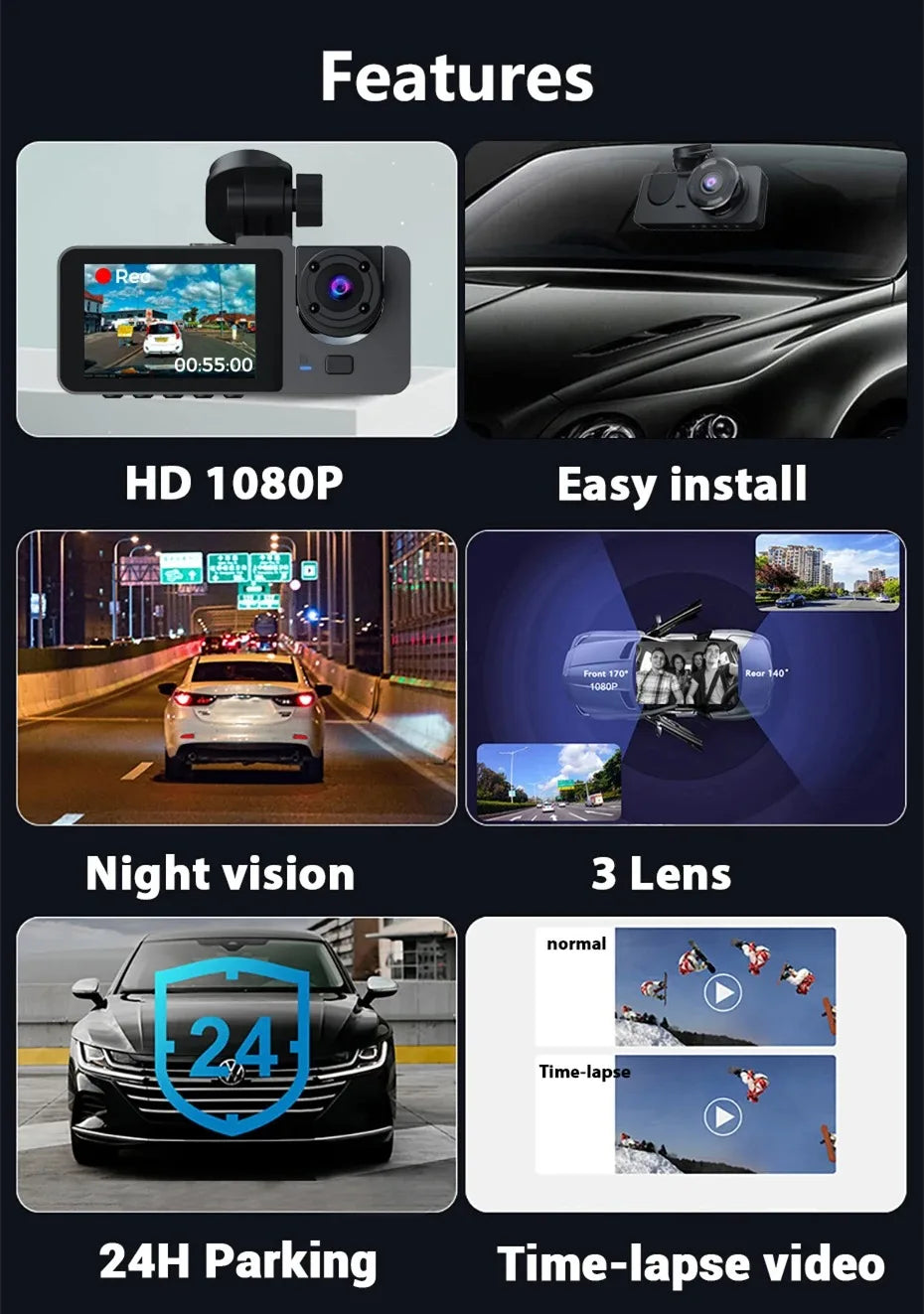 Dash Cam for Cars Camera Full HD 1080P Video Recorder Dashcam DVR Black Box Dual Lens DVR with Rear View Camera for Vehicle