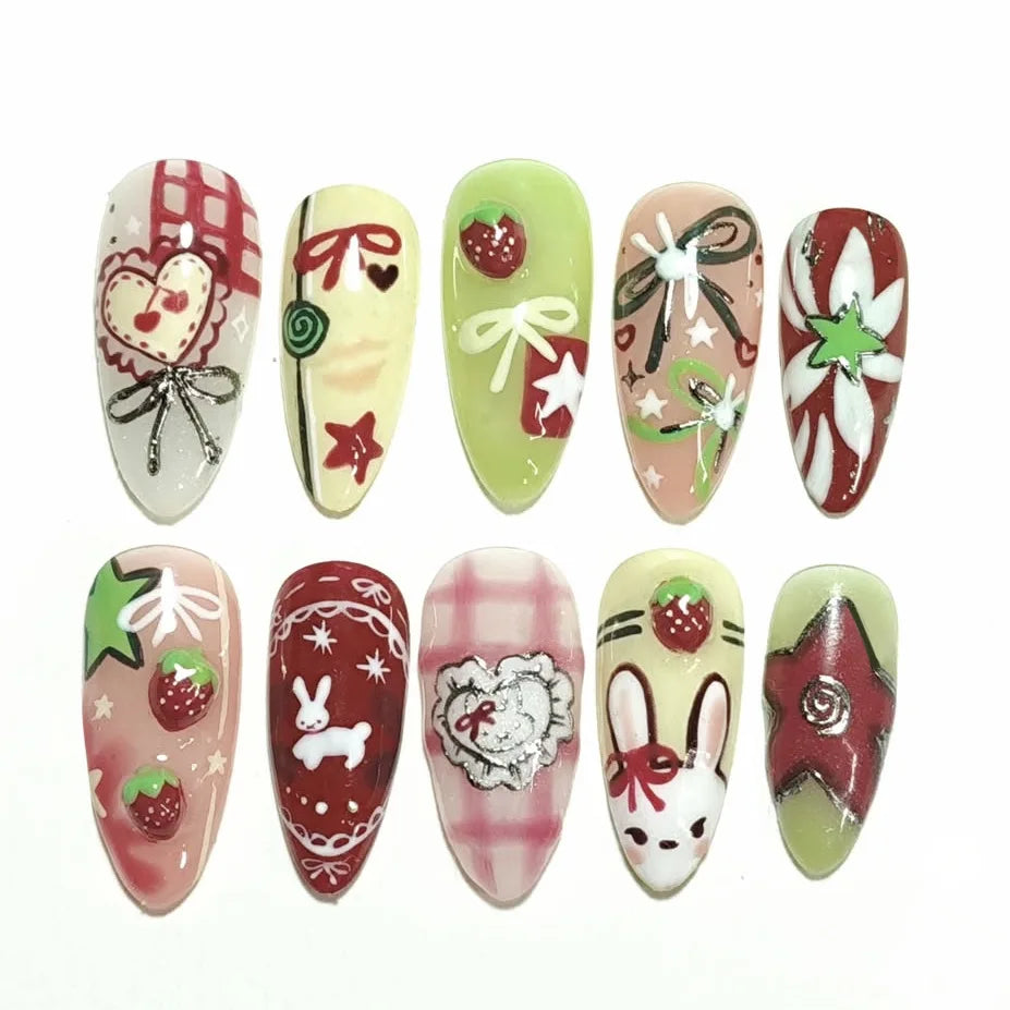 24PCS Medium Almond Press On Nails Wine Red Cute Cartoon Rabbit Bowknot Plaid Pearl False Nails Kawaii Nails Full Cover Wearable