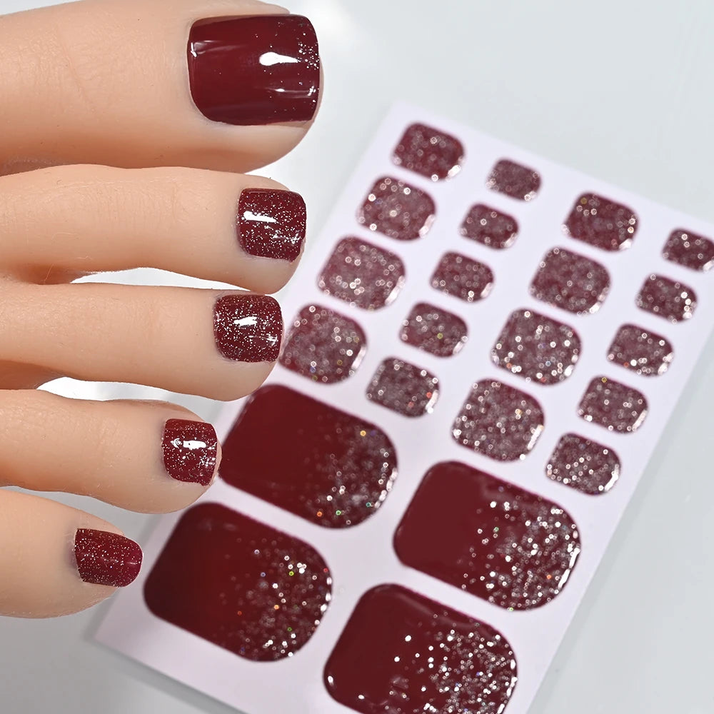 5Sheets/110Tips Summer Glitter Toe Nail Stickers Full Cover Nail Wraps Solid Color Adhesive Toenails Decals for Women DIY Foot &