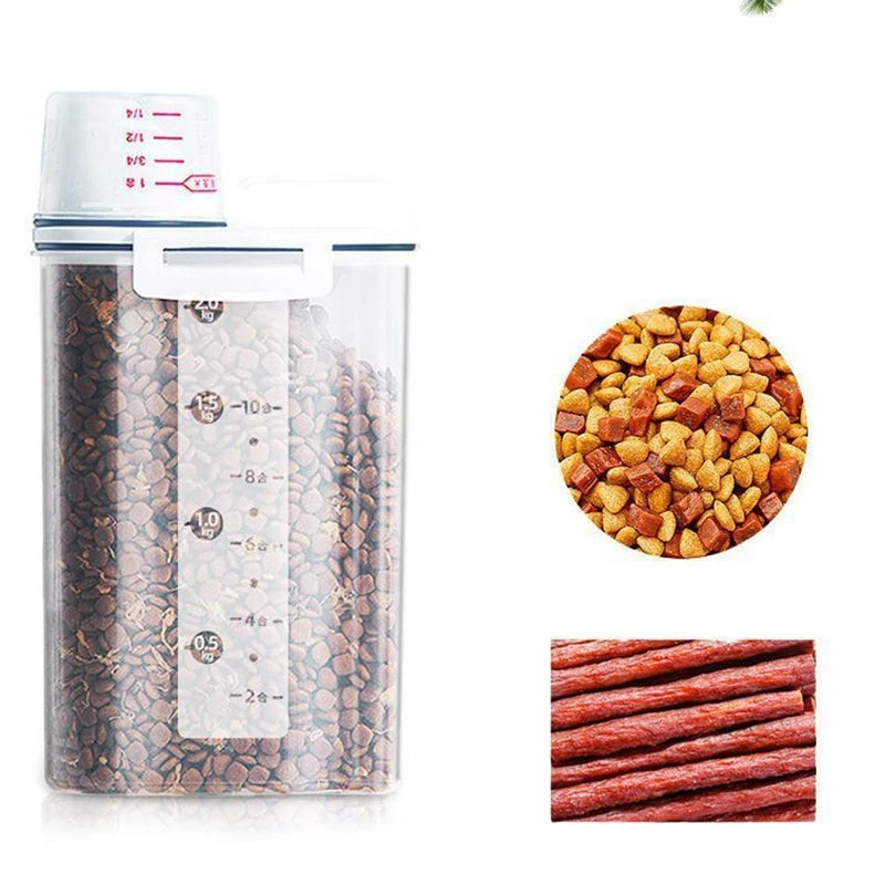 1.5kg/2kg Dog Cat Food Storage Container Plastic Pail With Measuring Cup Airtight Moisture Proof Pet Supplies Kitchen Jar