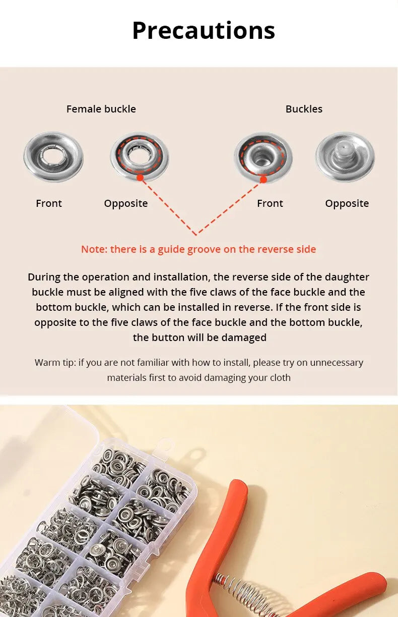 Snap Button Kit,Sets Metal Snap Buttons with Fastener Pliers Press Tool and Box, Rust Proof DIY Press Studs Button Fix Tool