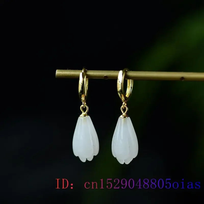 White Jade Magnolia Earrings Gemstone Zircon Natural Women Crystal Charm Chalcedony Gifts Amulet Lucky Jewelry Fashion