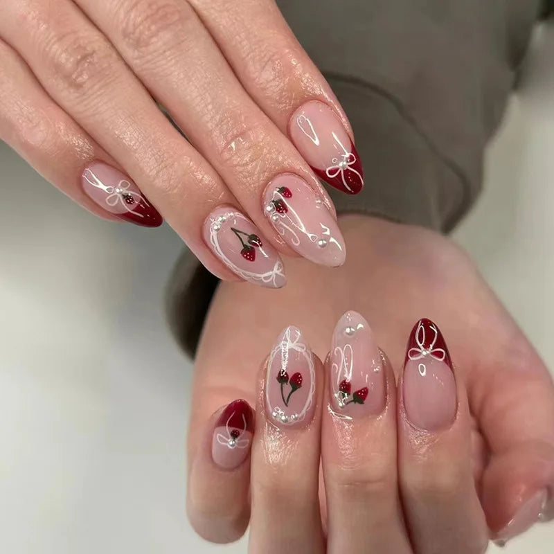 24PCS Medium Almond Press On Nails Wine Red Cute Cartoon Rabbit Bowknot Plaid Pearl False Nails Kawaii Nails Full Cover Wearable